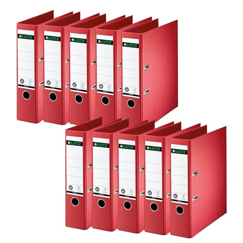 Leitz Qualitäts-Ordner 180°, 10er Pack, A4, 8 cm Rückenbreite, Spezialpapierkaschierung in Leinenprägung, Blauer Engel, Rot, 10070025 von Leitz