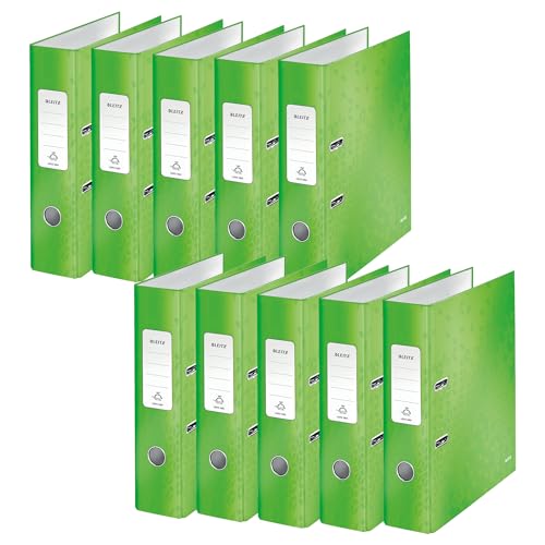 Leitz Qualitäts-Ordner 180°, 10er Pack, A4, 8 cm Rückenbreite, laminierte Graupappe, Grün, WOW Serie, 10050054 von Leitz