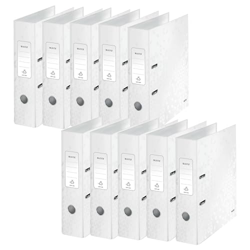 Leitz Qualitäts-Ordner 180°, 10er Pack, A4, 8 cm Rückenbreite, laminierte Graupappe, Weiß, WOW Serie, Design kann variieren, 10050001 von Leitz