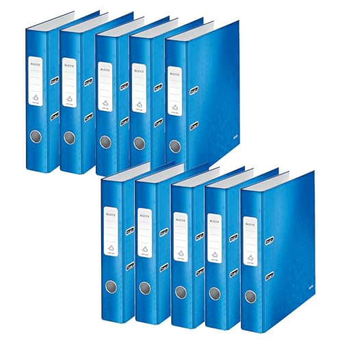 Leitz Qualitäts-Ordner 180°, 10er Pack, A4, schmal, 5,2 cm Rückenbreite, laminierte Graupappe, Blau, WOW Serie, 10060036 von Leitz