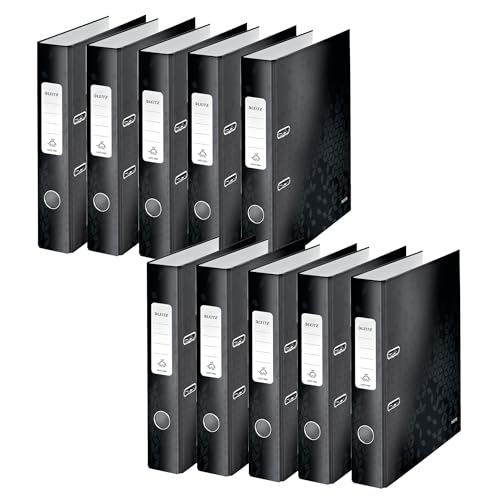 Leitz Qualitäts-Ordner 180°, 10er Pack, A4, schmal, 5,2 cm Rückenbreite, laminierte Graupappe, Schwarz, WOW Serie, 10060095 von Leitz