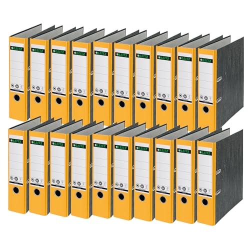 Leitz Qualitäts-Ordner 180°, 20er Pack, A4, klimaneutral, 100 Prozent recycelter Karton, 8 cm Rückenbreite, Wolkenmarmor-Papier, Gelber Rücken, 10805015 von Leitz