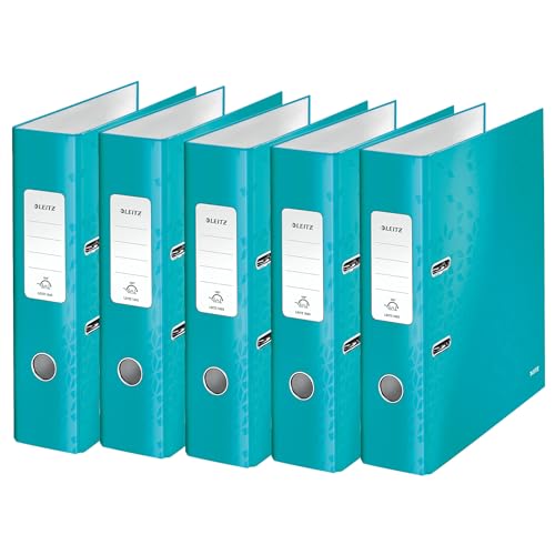 Leitz Qualitäts-Ordner 180°, 5er Pack, A4, 8 cm Rückenbreite, laminierte Graupappe, Eisblau, WOW Serie, Design kann variieren, 10054051 von Leitz