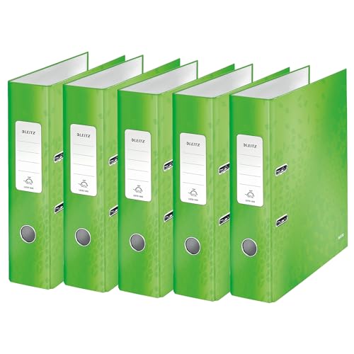 Leitz Qualitäts-Ordner 180°, 5er Pack, A4, 8 cm Rückenbreite, laminierte Graupappe, Grün, WOW Serie, 10054054 von Leitz