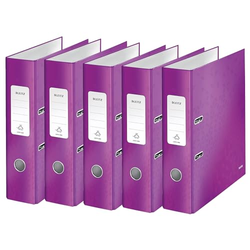 Leitz Qualitäts-Ordner 180°, 5er Pack, A4, 8 cm Rückenbreite, laminierte Graupappe, Violett, WOW Serie, Design kann variieren, 10054062 von Leitz