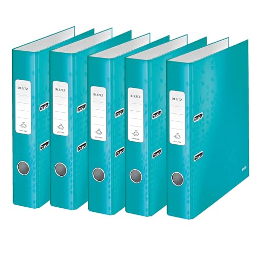 Leitz Qualitäts-Ordner 180°, 5er Pack, A4, schmal, 5,2 cm Rückenbreite, laminierte Graupappe, Eisblau, WOW Serie, 10064051 von Leitz