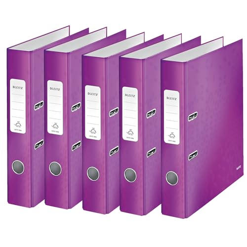 Leitz Qualitäts-Ordner 180°, 5er Pack, A4, schmal, 5,2 cm Rückenbreite, laminierte Graupappe, Violett, WOW Serie, Design kann variieren, 10064062 von Leitz