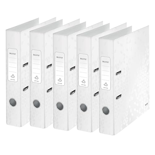 Leitz Qualitäts-Ordner 180°, 5er Pack, A4, schmal, 5,2 cm Rückenbreite, laminierte Graupappe, Weiß, WOW Serie, 10064001 von Leitz