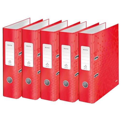 Leitz Qualitäts-Ordner 180°, 5er Pack, roter Aktenordner, A4-Ordner, 80 mm Rückenbreite, 10054026 von Leitz