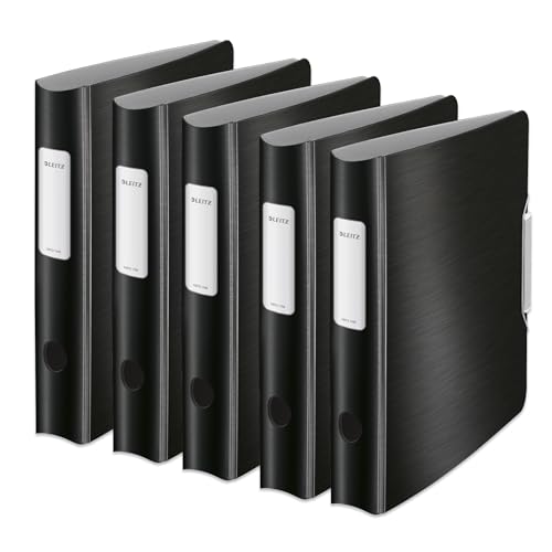 Leitz Qualitäts-Ordner 180° Active Style, 5er Pack, A4, Schmal, Satin Schwarz, Abgerundeter Rücken mit 6,5 cm Rückenbreite, Gummibandverschluss, Leichtes Polyfoam, 11090094 von Leitz