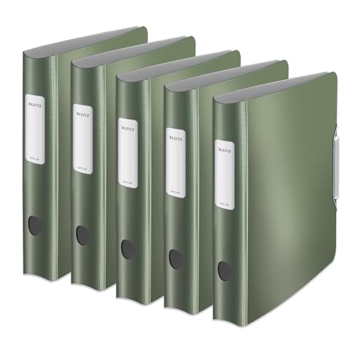 Leitz Qualitäts-Ordner 180° Active Style, 5er Pack, A4, Schmal, Seladon Grün, Abgerundeter Rücken mit 6,5 cm Rückenbreite, Gummibandverschluss, Leichtes Polyfoam, 11090053 von Leitz