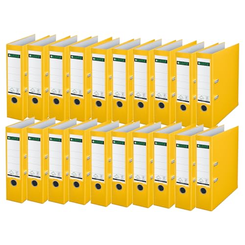 Leitz Qualitäts-Ordner 180° Plastik, 20er Pack, A4, Gelb, 8,2 cm Rückenbreite, PP-laminierter Einband, 10105015 von Leitz