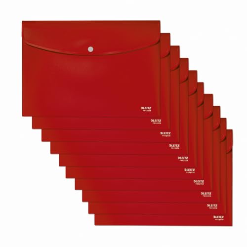 Leitz Recycle Sammelmappe A4, 10er Pack, Für 60 Blatt, Ordner mit Knopfverschluss, 100 % recycelbar, Umweltfreundlich, Recycle Serie, Rot, 46780025 von Leitz