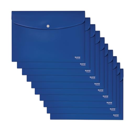 Leitz Recycle Sammelmappe A4, 10er Pack, Für 60 Blatt, Ordner mit Knopfverschluss, 100 % recycelbar, CO2-kompensiert, Umweltfreundlich, Recycle Serie, Blau, 46780035 von Leitz