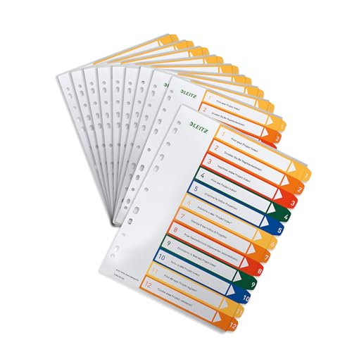 Leitz Register für A4, 10er Pack, PC-beschriftbares Deckblatt und 12 Trennblätter, Taben mit Zahlenaufdruck 1-12, Überbreite, Weiß/Mehrfarbig, Polypropylen, 12940000 von Leitz