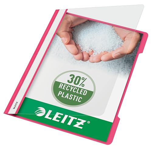 Leitz A4 Standard Schnellhefter, 25er Pack, 30% Pre-Consumer Recycling-Kunststoff, Hefter für A4-Blätter, 60 Blatt Kapazität, Ideal als Dokumententasche für Schule, Haushalt oder Büro, Pink, 41910022 von Leitz