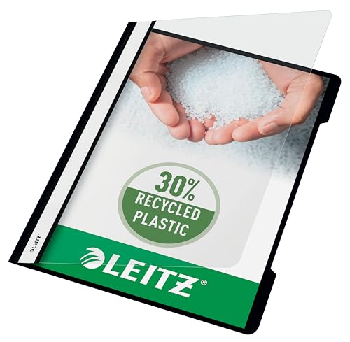 Leitz Schnellhefter A4, 25er Pack, Plastik-Hefter, Robuste PVC-Hartfolie, Transparenter Vorderdeckel, Schwarz, 41910095 von Leitz