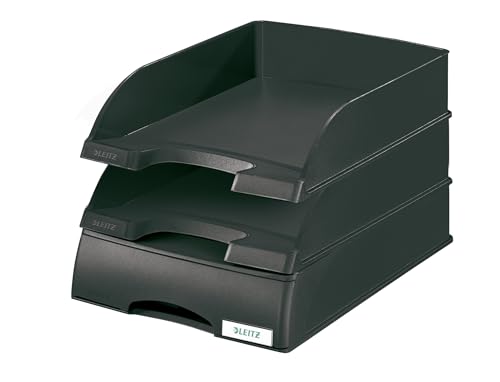 Leitz Set 2x Briefkorb Standard A4 + Briefkorb-Schublade, Briefablage in Premium-Qualität, Stapelbare Ablagefächer als Schreibtisch-Organizer, Kombinierbar mit Plus-Serie, Schwarz, 52270095 + 52100095 von Leitz