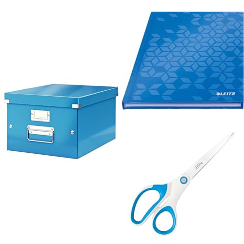 Leitz Set Click & Store Aufbewahrungsbox A4 mit Deckel Mittelgroß + Notizbuch A5 kariert + Titan Qualitätsschere, Transportbox aus 85% recycelter Premiumpappe, Blau, 60440036 + 46281036 + 53192036 von Leitz