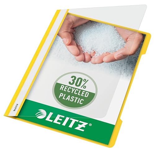 Leitz A4 Standard Schnellhefter, 25er Pack, 30% Pre-Consumer Recycling-Kunststoff, Hefter für A4-Blätter, 60 Blatt Kapazität, Ideal als Dokumententasche für Schule, Haushalt oder Büro, Gelb, 41910015 von Leitz