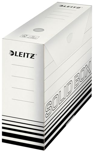 Leitz Solid Box Archiv-Schachtel, 100 mm Rückenbreite, A4 Faltkarton mit Lasche, Aufbewahrungsbox für bis zu 900 Blatt, Lagerbox aus 100 % geriffelten Recyclingkarton, 10 Stück, Weiß/Schwarz, 61280001 von Leitz