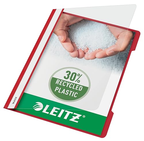 Leitz A4 Standard Schnellhefter, 25er Pack, 30% Pre-Consumer Recycling-Kunststoff, Hefter für A4-Blätter, 60 Blatt Kapazität, Ideal als Dokumententasche für Schule, Haushalt oder Büro, Rot, 41910025 von Leitz