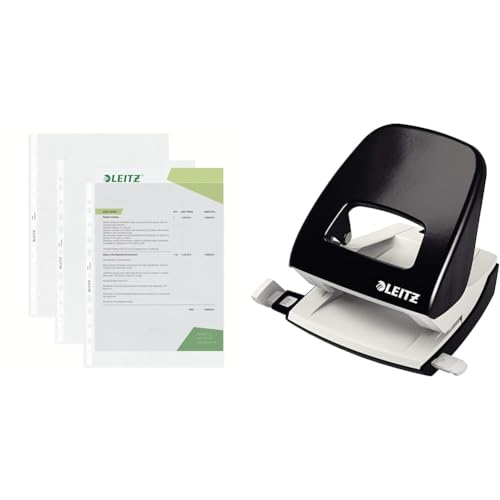 Leitz Standard Prospekthüllen-Set, 100 Stück, A4 Format & Büro Locher aus Metall, Für 30 Blatt, Anschlagschiene mit Formatangaben, Die Nummer 1 am Markt, Ergonomisches Design, schwarz, 50080095 von Leitz