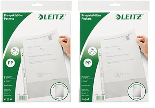 Leitz Standard Prospekthüllen-Set, 25 Stück, A4 Format, Farblos mit matter Oberfläche, 0,065 mm PP-Folie, 47966003 (Packung mit 2) von Leitz