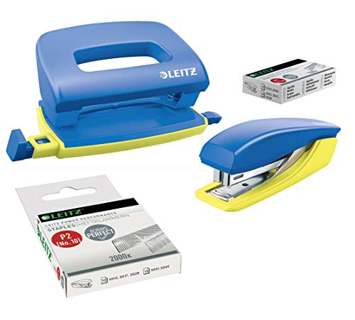 Leitz Urban Chic Mini-Heftgerät und -locher im Set, Für bis zu 10 Blatt, Inkl. Heftklammern, Blau, 55996032 (1 Set + 2000 Klammern extra) von Leitz