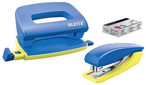 Leitz Urban Chic Mini-Heftgerät und -locher im Set, Für bis zu 10 Blatt, Inkl. Heftklammern, Blau, 55996032 von Leitz