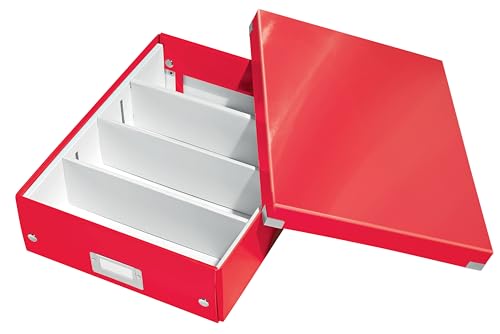 Leitz Click & Store Aufbewahrungsbox mit Deckel Mittel-Groß, Box mit Trennwänden für Zubehör im Büro oder Utensilien im Haushalt, Transportbox aus 85 % recycelter Premium-Hartpappe, Rot, 60580026 von Leitz