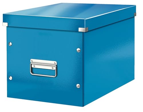 Leitz Click & Store Aufbewahrungsbox mit Deckel Groß, Würfelbox passend für Kallax Regale in Wohnzimmer oder Büro, Box aus 80 % recycelter Premium-Hartpappe, Stabile Metallgriffe, Blau, 61080036 von Leitz