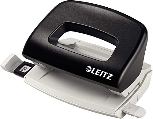 Leitz Mini Büro Locher aus Metall, kleiner Locher für 10 Blatt, Anschlagschiene mit Formatangaben, Ergonomisches Design, schwarz, 50580095 von Leitz