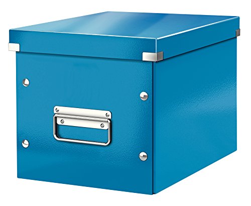 Leitz Click & Store Aufbewahrungsbox mit Deckel Mittel-Groß, Würfelbox für Regale im Wohnzimmer oder Büro, Transportbox aus 80 % recycelter Premium-Hartpappe, Stabile Metallgriffe, Blau, 61090036 von Leitz