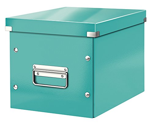 Leitz Click & Store Aufbewahrungsbox mit Deckel Mittel-Groß, Würfelbox für Regale im Wohnzimmer oder Büro, Transportbox aus 80 % recycelter Premium-Hartpappe, Stabile Metallgriffe, Eisblau, 61090051 von Leitz