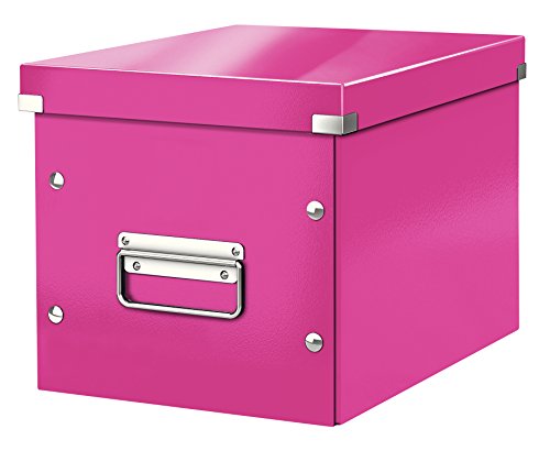 Leitz Click & Store Aufbewahrungsbox mit Deckel Mittel-Groß, Würfelbox für Regale im Wohnzimmer oder Büro, Transportbox aus 80 % recycelter Premium-Hartpappe, Stabile Metallgriffe, Pink, 61090023 von Leitz