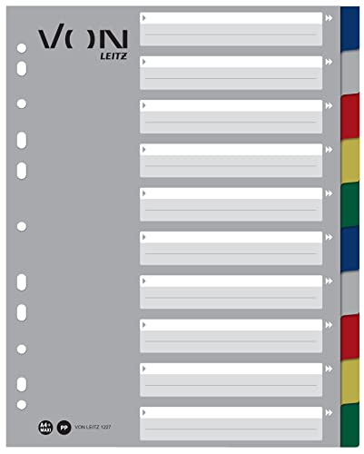 VON Leitz 10er Pack 10-teiliges Register A4, Trennblätter für Ordner, PP, Extra breit, 11-Loch-Universalregister für Schnellhefter & Ringbücher, Mehrfarbig, 12270000 von Leitz