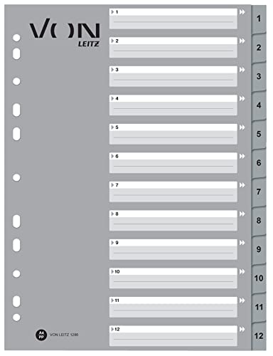 VON Leitz 10er Pack Zahlen-Register A4, 112 nummerierte Trennblätter für Ordner, PP, 11-Loch-Universalkartei für Schnellhefter & Ringbücher, Grau, 12860085 von Leitz