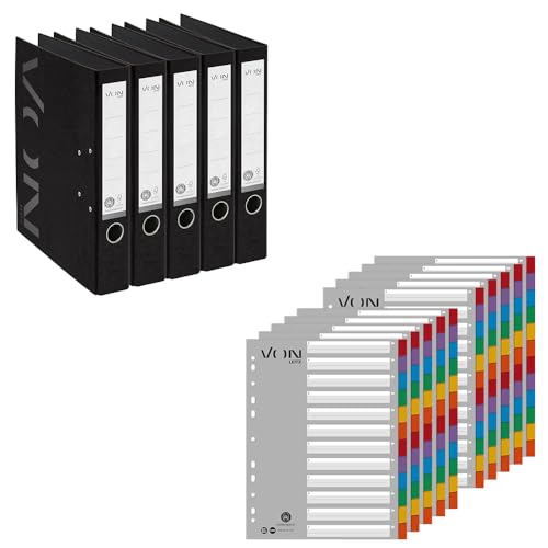 VON Leitz Set Ordner mit Register, 5er Pack Ordner A4, 100% Recyclingpapier, 50 mm Rückenbreite, Für 350 Blatt, Schwarz, 10580095 & 10er Pack 12-teiliges Register A4, 13010000 von Leitz