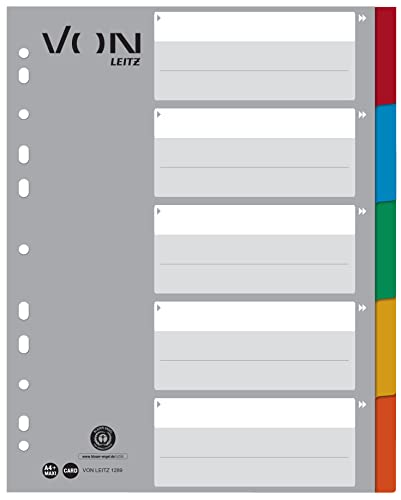 VON Leitz 10er Pack 5-teiliges Register A4, Blanko Trennblätter für Ordner, Extra breit, 100 % Recycling-Karton, 11-Loch-Universalregister, Mehrfarbig, 12890000 von Leitz