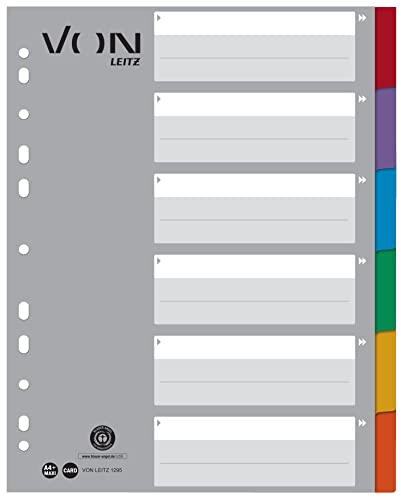 VON Leitz 10er Pack 6-teiliges Register A4, Blanko Trennblätter für Ordner, Extra breit, 100 % Recycling-Karton, 11-Loch-Universalregister für Hefter & Ringbücher, Mehrfarbig, 12950000 von Leitz