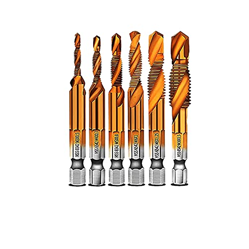 6-teiliges Titan-Kombinationsbohrer-Set, HSS Bit-Set, 3-in-1 Bohrbohrer-Bit-Set, Gewindebohrer mit 1/4-Zoll-Sechskantschaft für Legierung, Holz, Kunststoff, Weichmetall usw. M3-M10 (kurzer Griff) von Lelukee