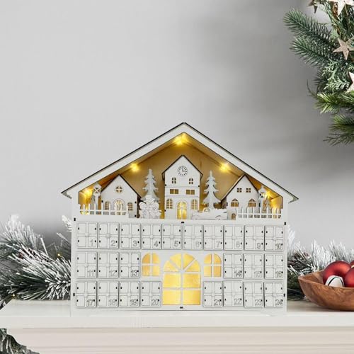 Adventskalender aus Holz, 24 Tage Countdown bis Weihnachten, hölzerner LED-beleuchteter Adventskalender mit Schubladen, Countdown-Kalender mit Weihnachtsdorf-Schneeszene für Weihnachtsdekoration von Lembeauty