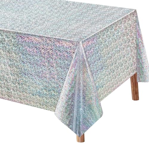 Lemicin Glitzer Tischdecke Silber Party - 137 x 274 cm Silber Glitzer Tischtuch Plastik Tischdecke Dekorationen für Mädchen Frauen Einhorn Geburtstag Einschulung Schulkind Jubiläum Feier von Lemicin