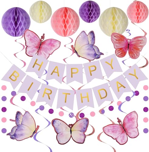 Lemicin Schmetterling Lila Geburtstag Dekorationen - 14pcs Lila Happy Birthday Banner, 6 Wabenbälle, 6 Schmetterlinge hängende Wirbel Streamer, Kreis Punkt Girlande Dekoration für Frau Mädchen von Lemicin