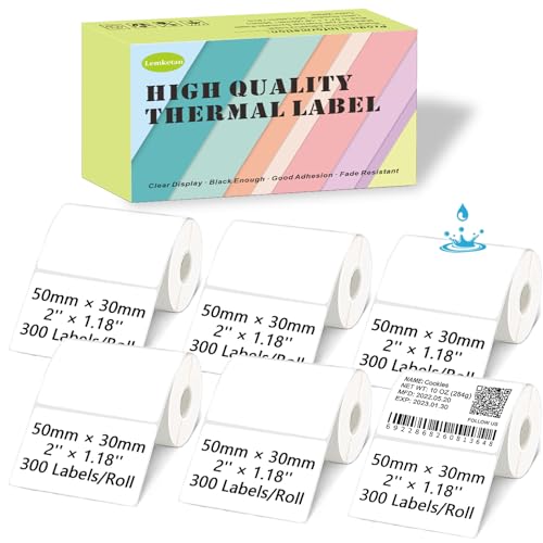 Thermo-Etiketten für Thermodrucker, 40 mm x 30 mm, 300 Etiketten/Rolle x 3 cm, Weiß, 50 x 30 mm, 6 Rollen von Lemketan