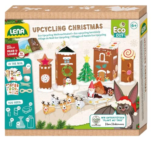 LENA 42840 Eco Upcycling Christmas, Bastelset für Kinder ab 6 Jahren, Komplettset mit Watte, Stickern und anderen Bastelutensilien, Storybook mit Anleitung zum Weihnachts-Deko Basteln von Lena