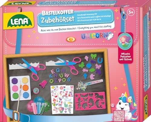 Lena® Bastelkoffer Zubehörset – 350 Teile: Konturscheren, Stempel, Wasserfarben, Pinsel, Sticker, Pailletten & mehr – Bastelset für Kinder ab 5 Jahren von Lena