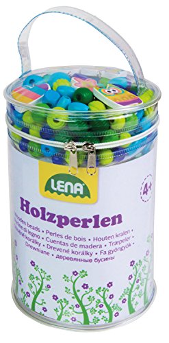 Lena 32003 Bastelset Holzperlen mit 400 Fädelperlen, 5 Anhänger und 6 Schnüre, Holzfädelperlen Set für Kinder ab 4 Jahre, Perlen zum selber Basteln von Schmuckketten, Perlenschmuck aus Holz, blau von Lena