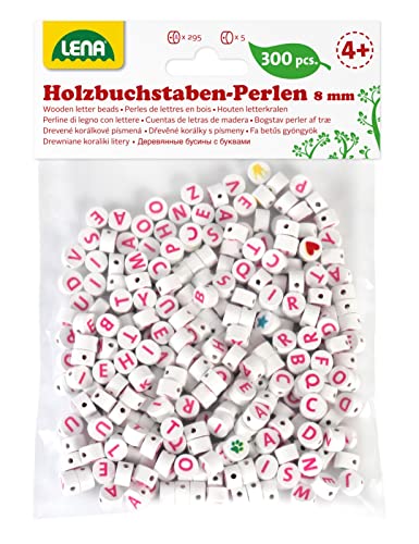 Lena 32050 Bastelset Buchstabenperlen aus Holz, 300 runden Fädelperlen und mit rosa Buchstaben, Holzperlen Set für Kinder ab 3 Jahre, zum selber basteln von Perlen Schmuck, Weiß, Mittel von Lena